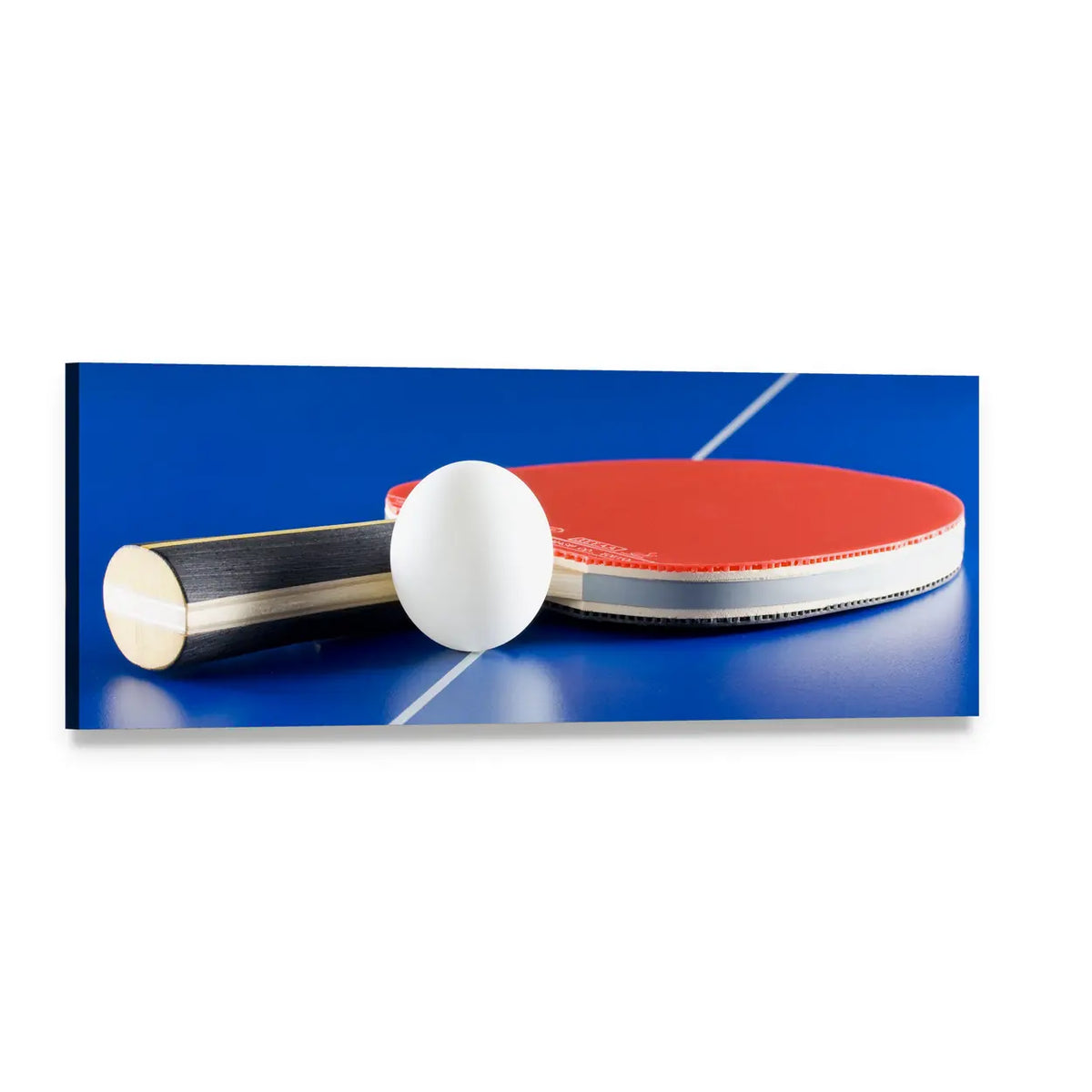 Table Tennis Racket and Ball Panoramic Canvas Wall Art, single panel gallery wrapped canvas, angled product view