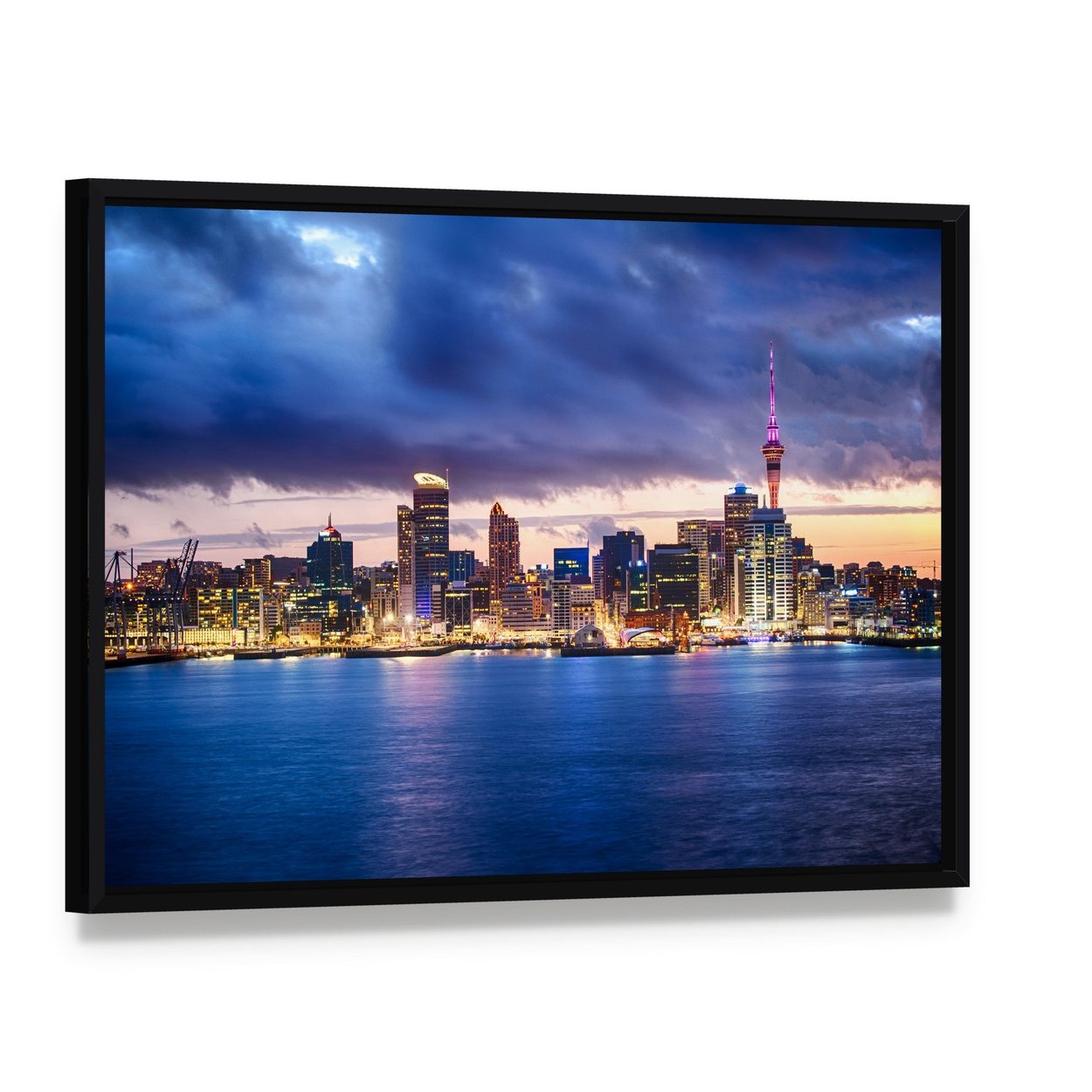 Skyline of Auckland New Zealand Canvas Wall Art, framed canvas in a black floater frame, angled product view