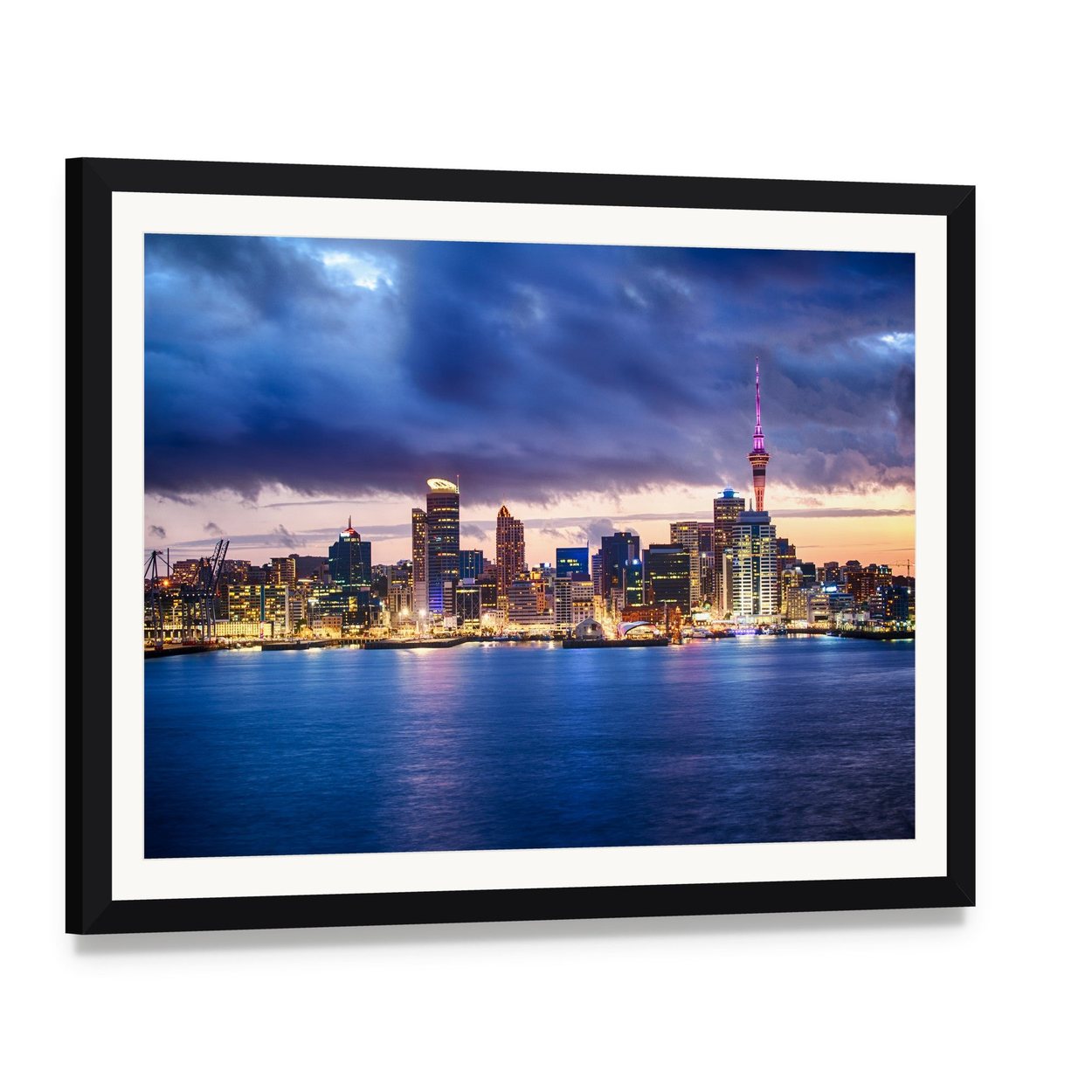 Skyline of Auckland New Zealand Canvas Wall Art, framed print with white mat and black frame, angled product view
