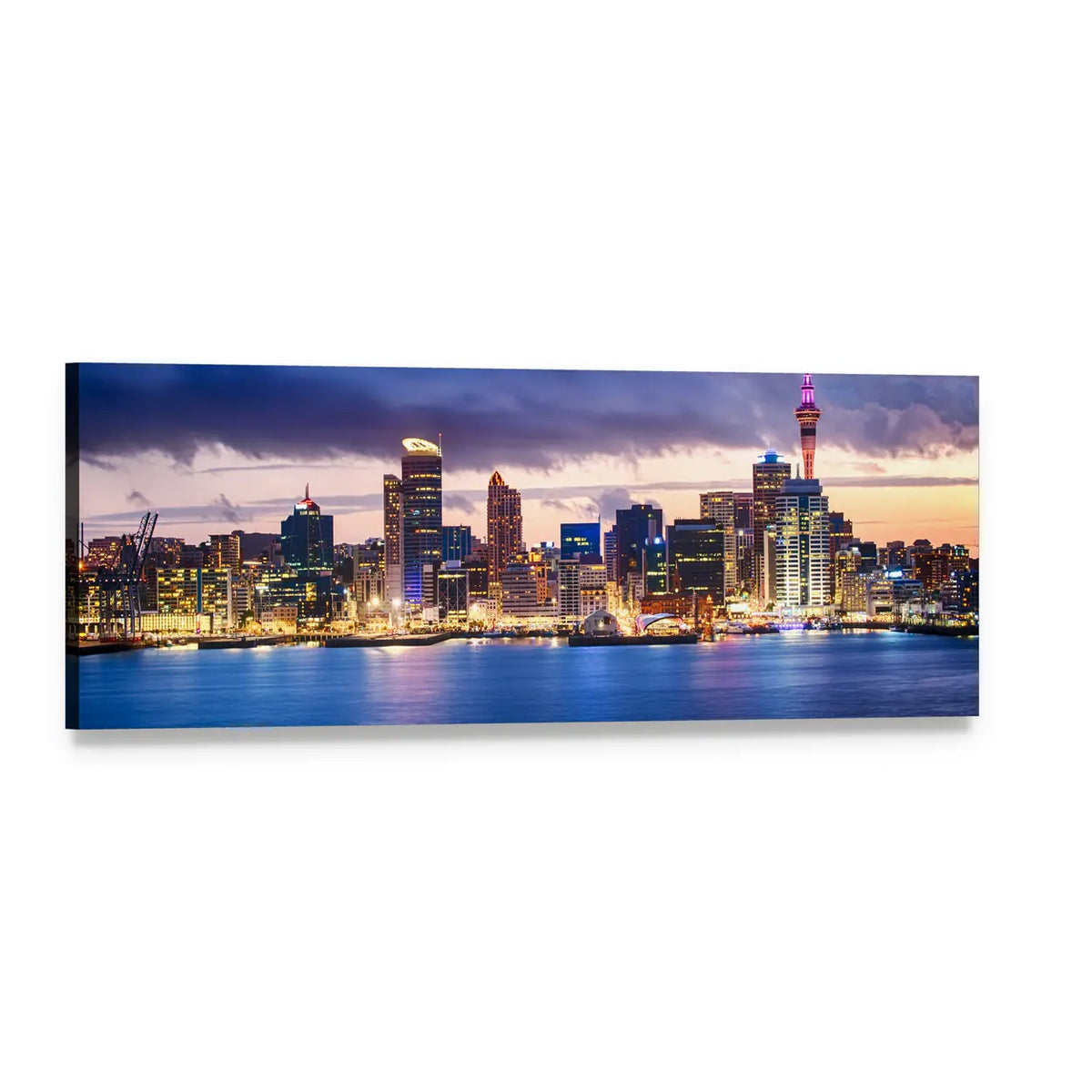 Auckland City Skyline at Dusk Panoramic Canvas Wall Art, single panel gallery wrapped canvas, angled product view