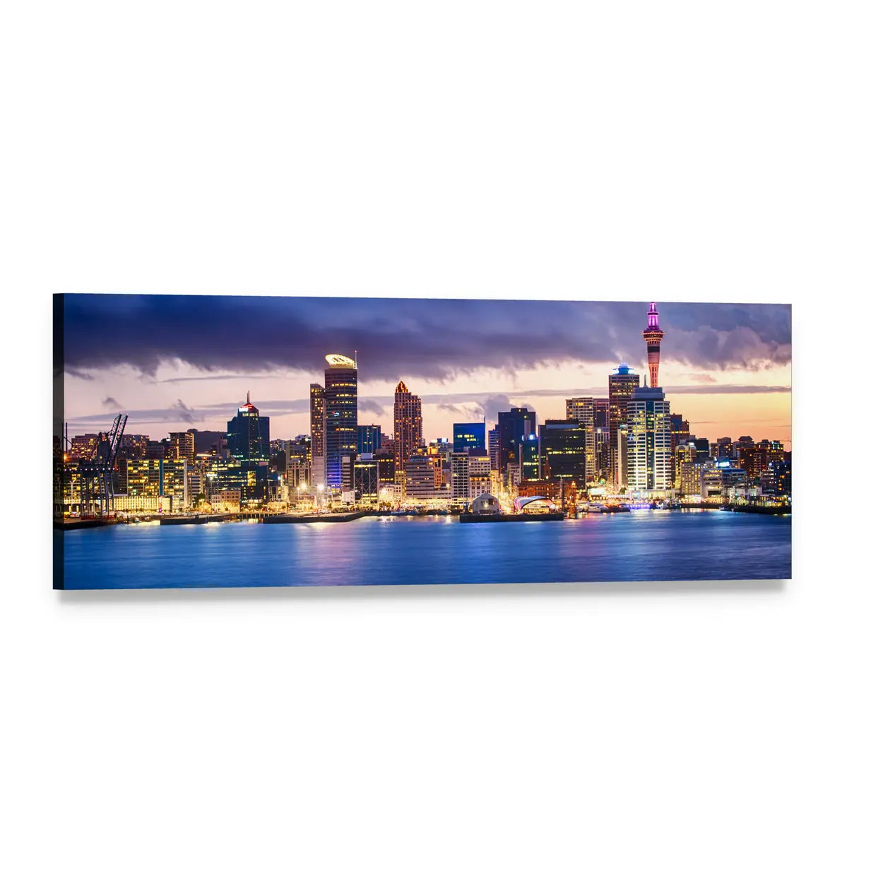 Auckland City Skyline at Dusk Panoramic Canvas Wall Art, single panel gallery wrapped canvas, angled product view