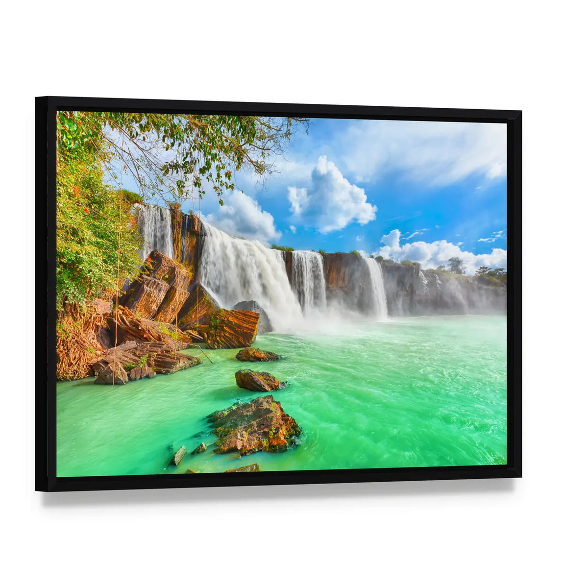 Dry Nur Waterfall In Vietnam Canvas Wall Art, framed canvas in a black floater frame, angled product view
