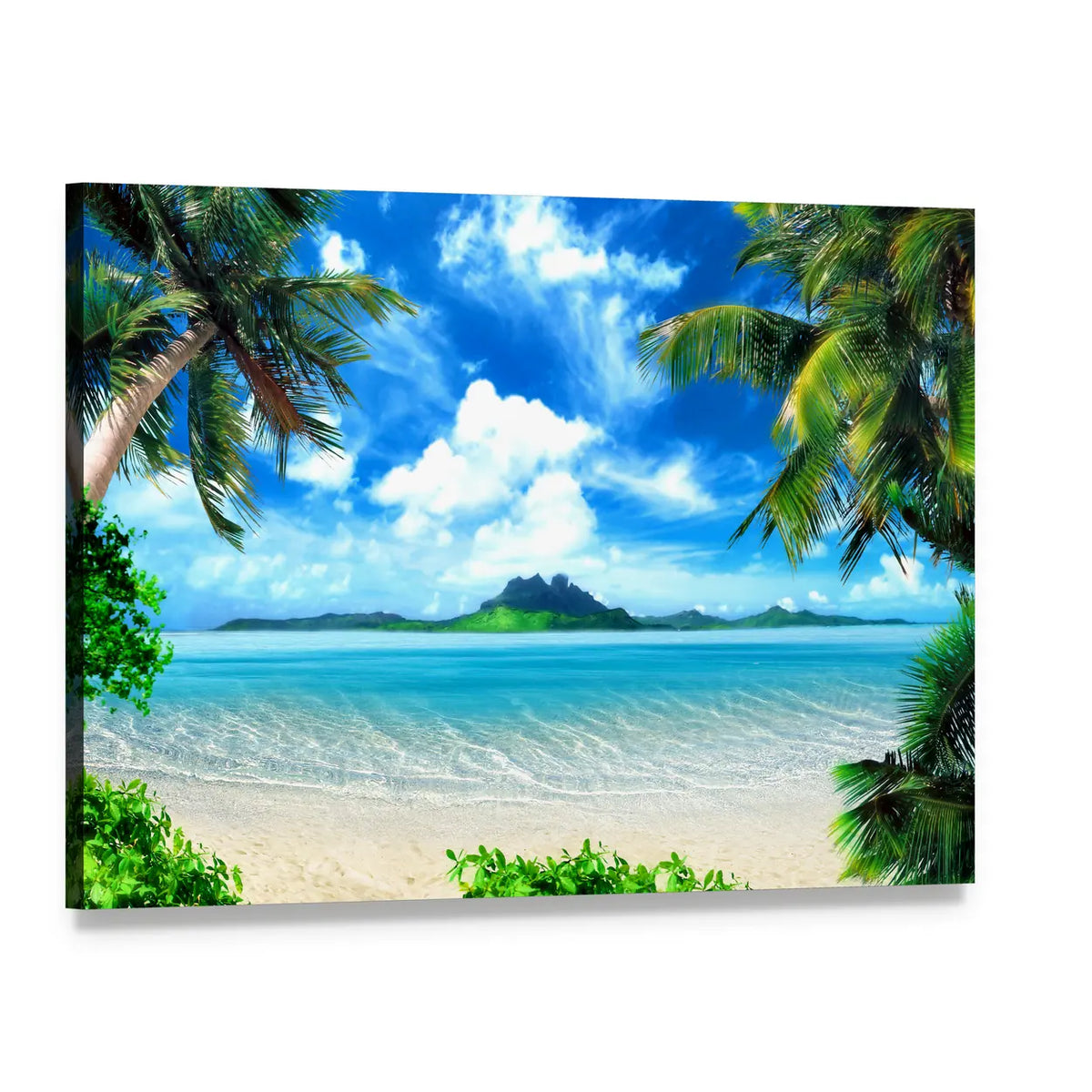 Tropical Beach with Palm Trees and Distant Island Canvas Wall Art, single panel gallery wrapped canvas, angled product view
