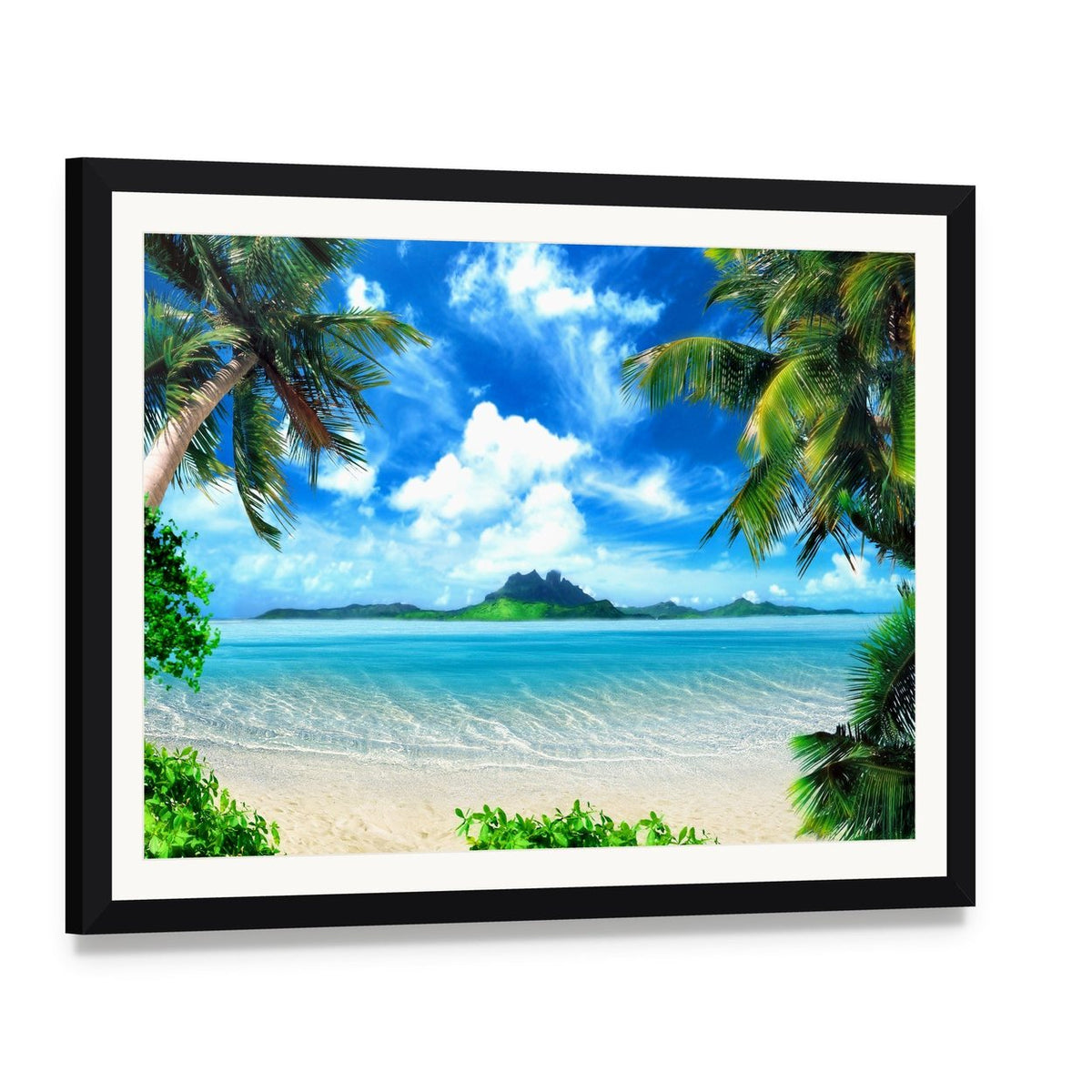 Sea from Tropical Coast Canvas Wall Art, framed print with white mat and black frame, angled product view