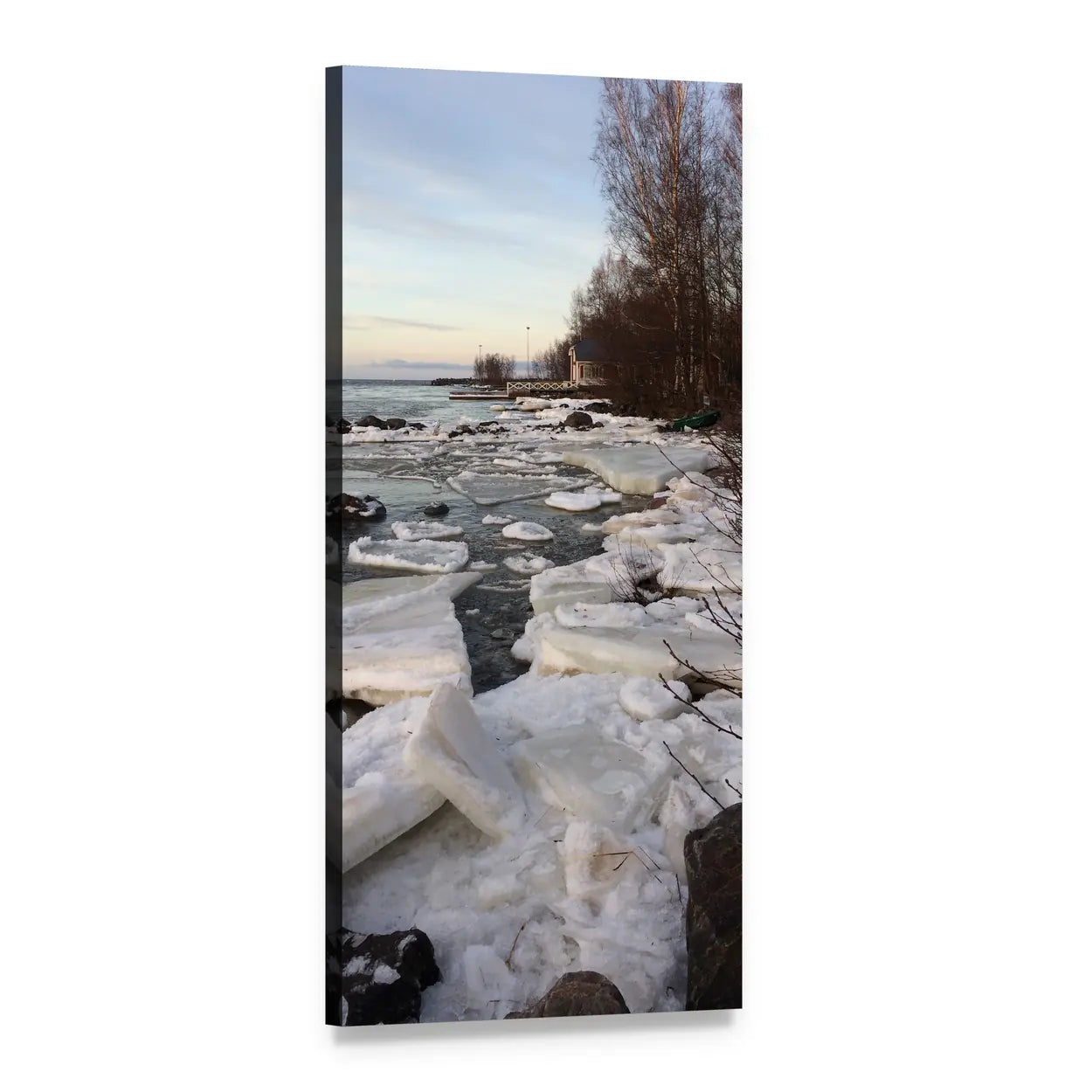 Broken Ice on Rocky Shore Vertical Canvas Wall Art, 1 panel 1 Vertical layout gallery wrapped canvas set, angled product view
