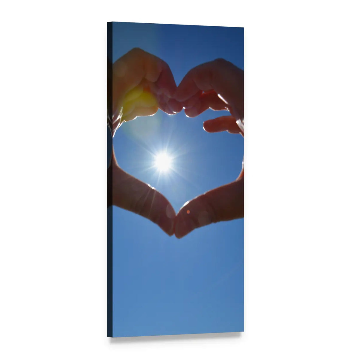 Hands Forming a Heart Around Sun Vertical Canvas Wall Art, 1 panel 1 Vertical layout gallery wrapped canvas set, angled product view