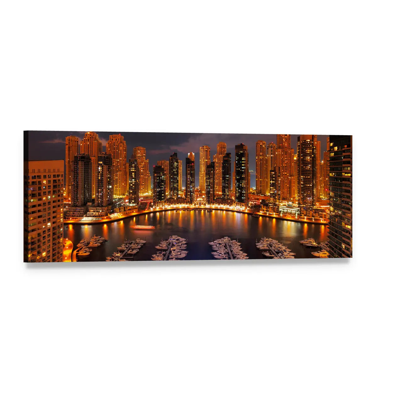 Dubai Marina at Dusk Panoramic Canvas Wall Art, single panel gallery wrapped canvas, angled product view