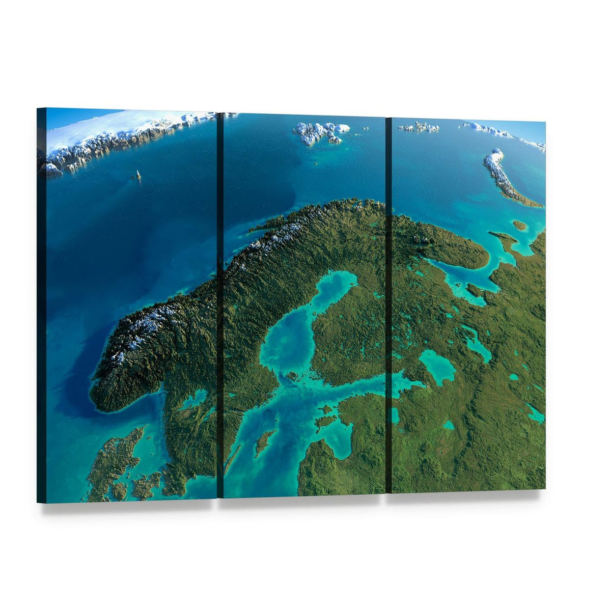 Morning View of Sweden from Space Canvas Wall Art, 3 panel 3 Horizontal layout gallery wrapped canvas set, angled product view
