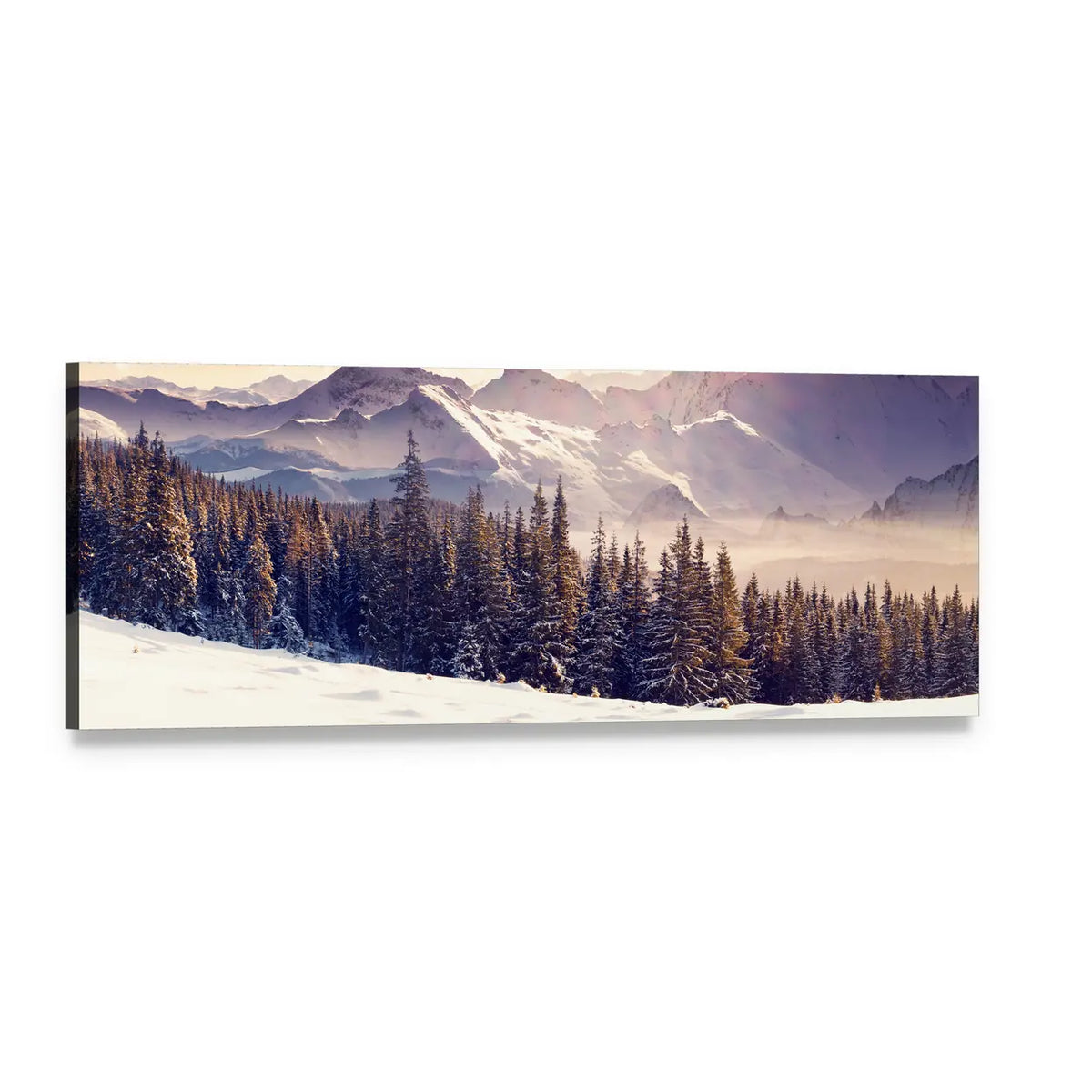 Evening Winter Mountain Landscape Panoramic Canvas Wall Art, single panel gallery wrapped canvas, angled product view