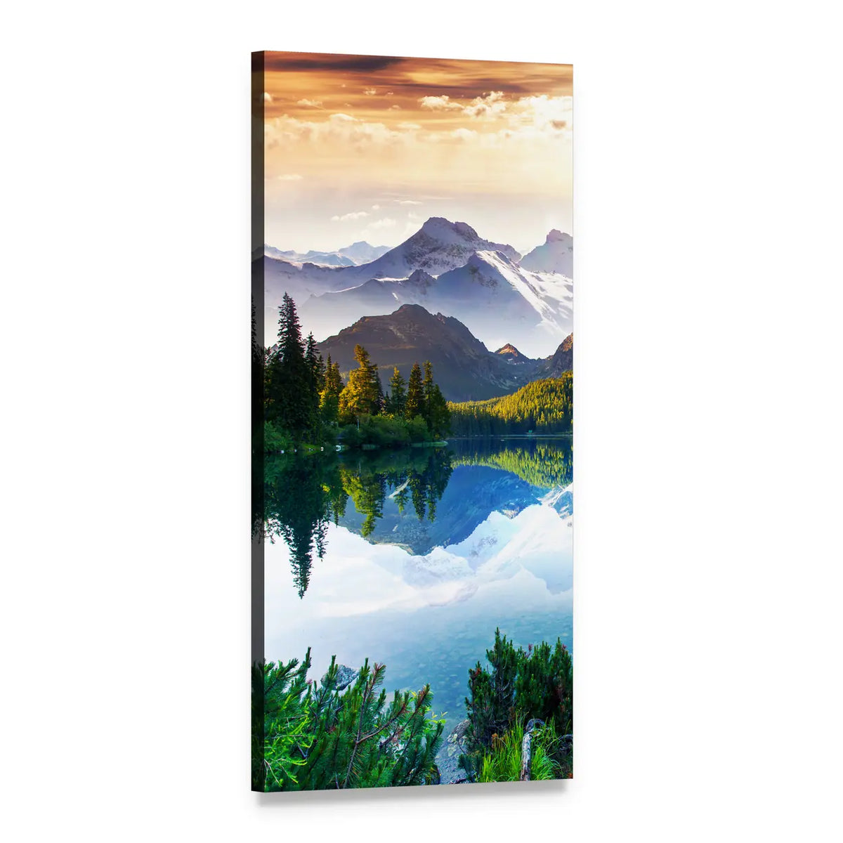 Sunrise Over Snow-capped Mountains and Lake Vertical Canvas Wall Art, 1 panel 1 Vertical layout gallery wrapped canvas set, angled product view