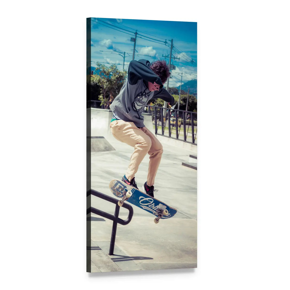 Skateboarder Mid-air at Skatepark Vertical Canvas Wall Art, 1 panel 1 Vertical layout gallery wrapped canvas set, angled product view