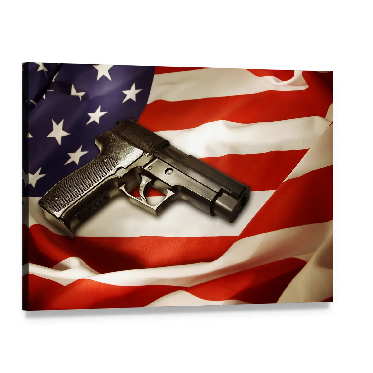 Semi-automatic Pistol on American Flag Canvas Wall Art, single panel gallery wrapped canvas, angled product view