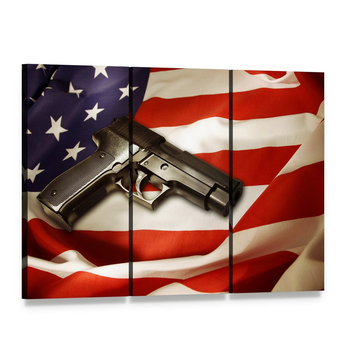 Gun on American Flag Canvas Wall Art, 3 panel 3 Horizontal layout gallery wrapped canvas set, angled product view