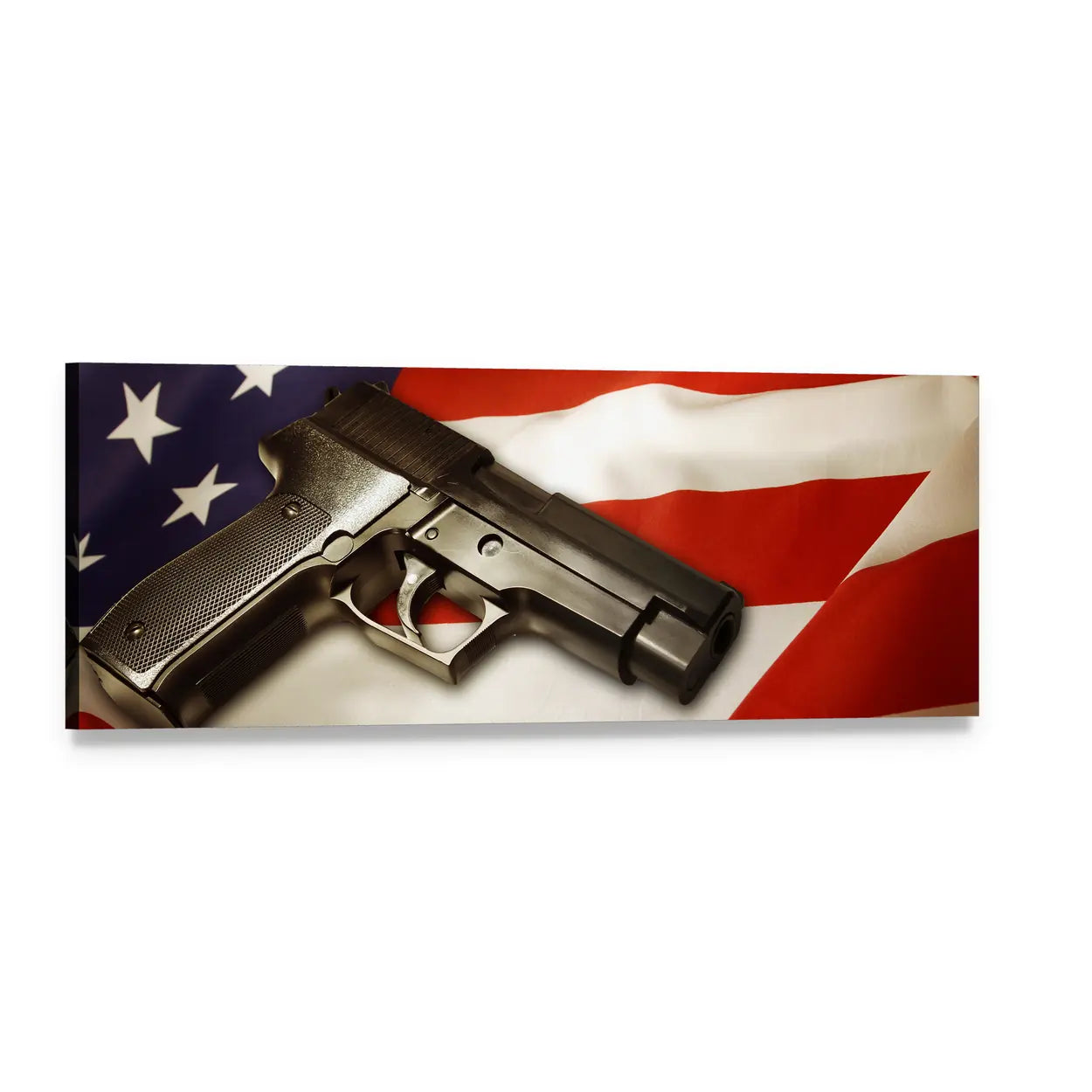 Semi-automatic Handgun on American Flag Panoramic Canvas Wall Art, single panel gallery wrapped canvas, angled product view