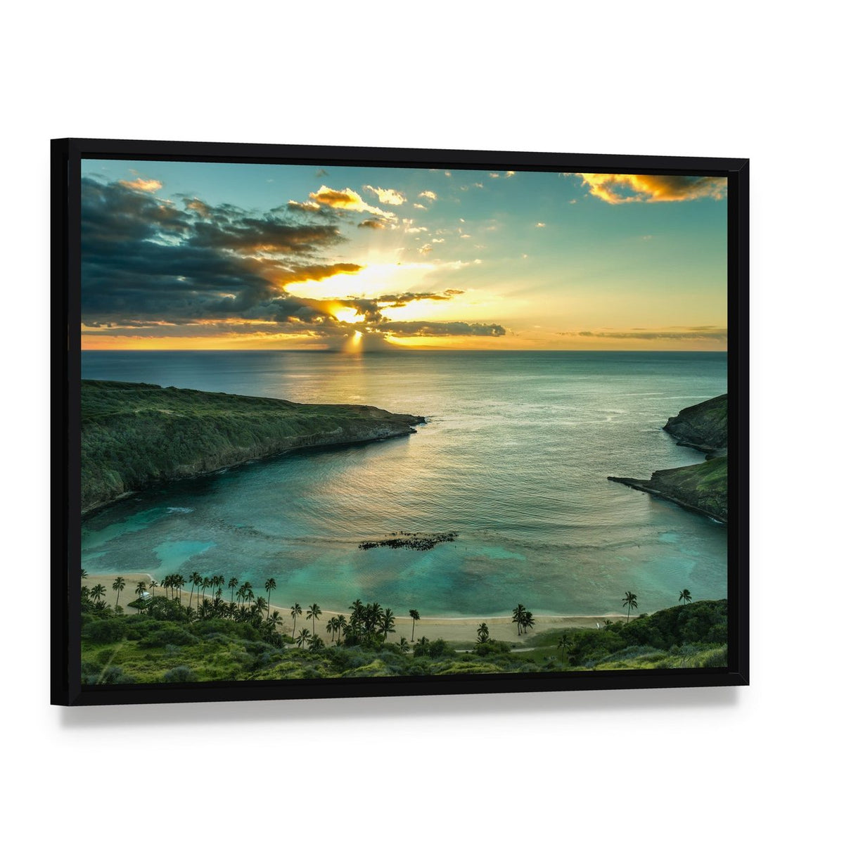 Sunrise Over Hanauma Bay Canvas Wall Art, framed canvas in a black floater frame, angled product view