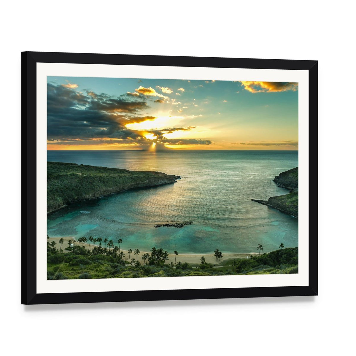 Sunrise Over Hanauma Bay Canvas Wall Art, framed print with white mat and black frame, angled product view