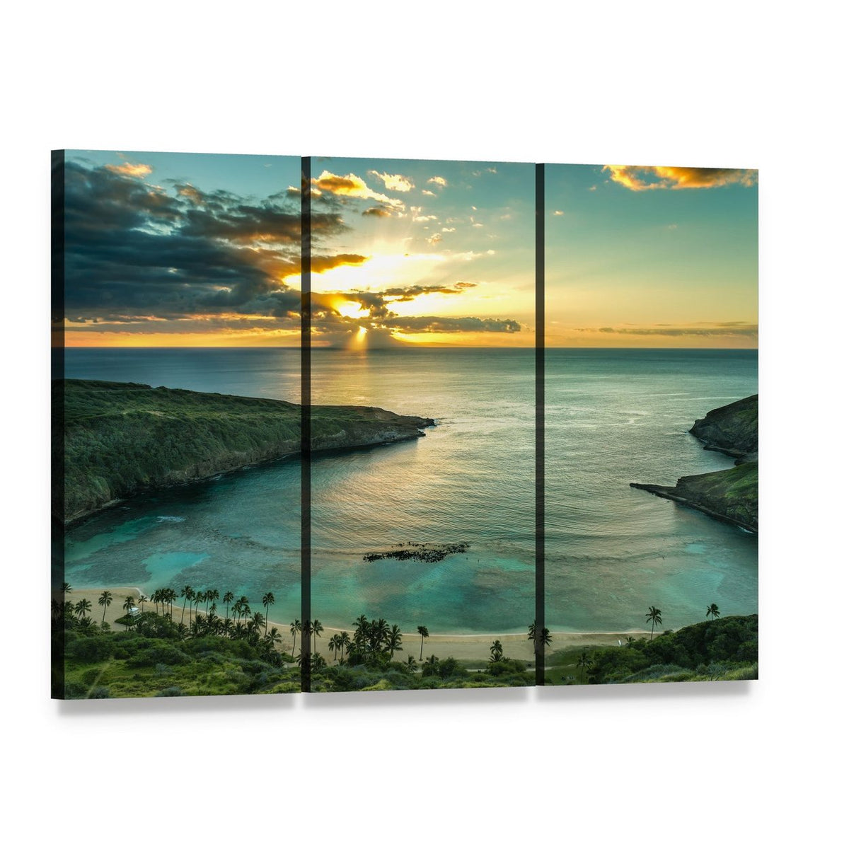 Sunrise Over Hanauma Bay Canvas Wall Art, 3 panel 3 Horizontal layout gallery wrapped canvas set, angled product view