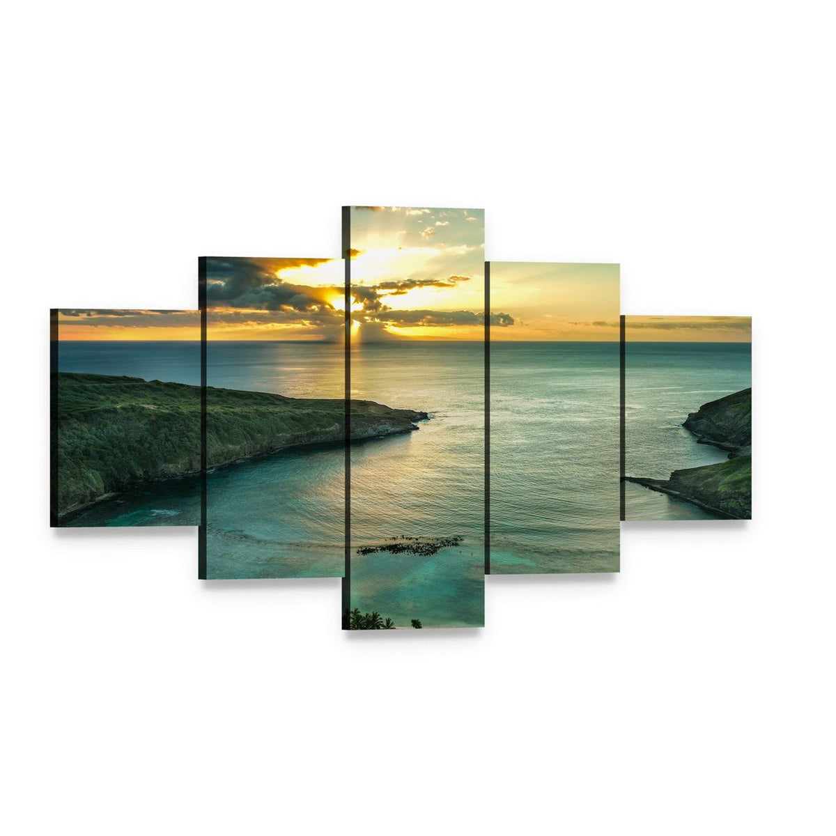 Sunrise Over Hanauma Bay Canvas Wall Art, 5 panel 5 Star layout gallery wrapped canvas set, angled product view