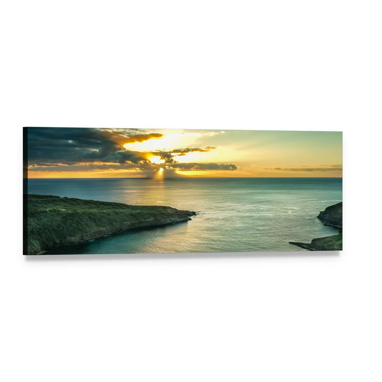 Sunrise Over Coastal Cliffs and Calm Water Panoramic Canvas Wall Art, single panel gallery wrapped canvas, angled product view