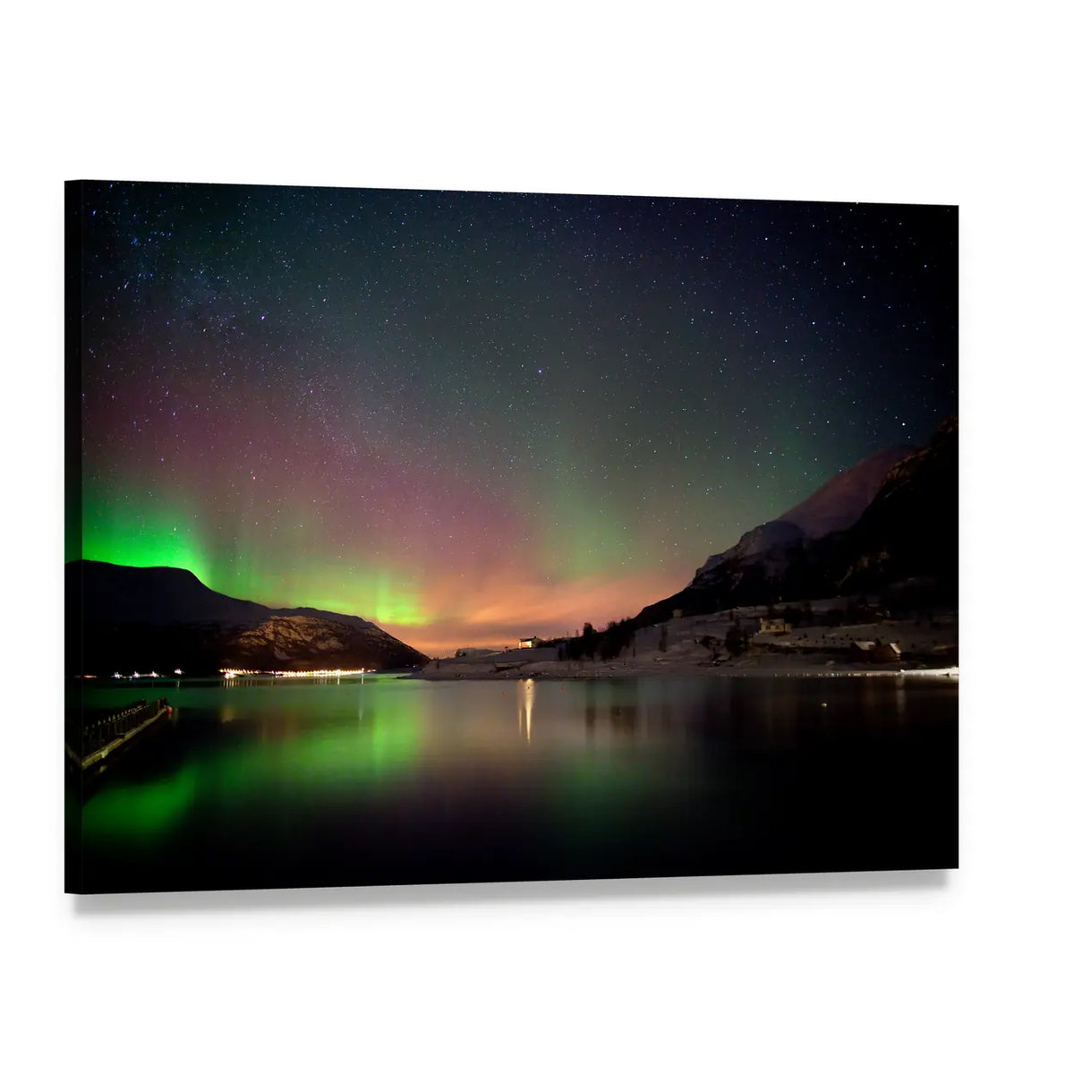 Arctic Night Aurora Borealis Canvas Wall Art, single panel gallery wrapped canvas, angled product view