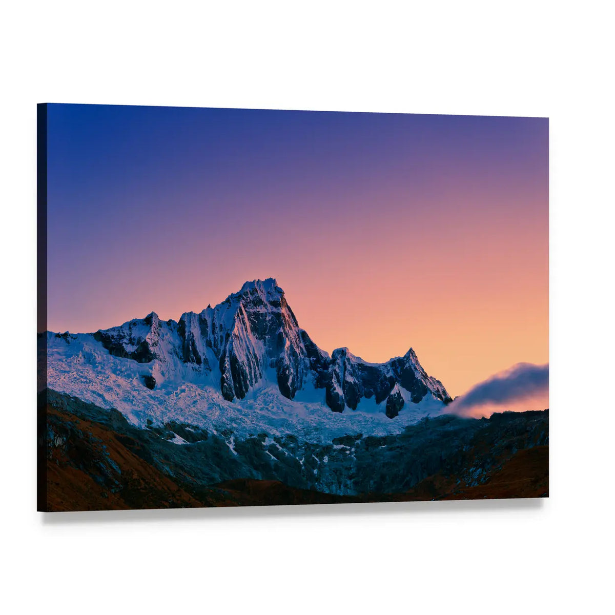 Santa Cruz Trek Snowy Peaks at Sunset Canvas Wall Art, single panel gallery wrapped canvas, angled product view
