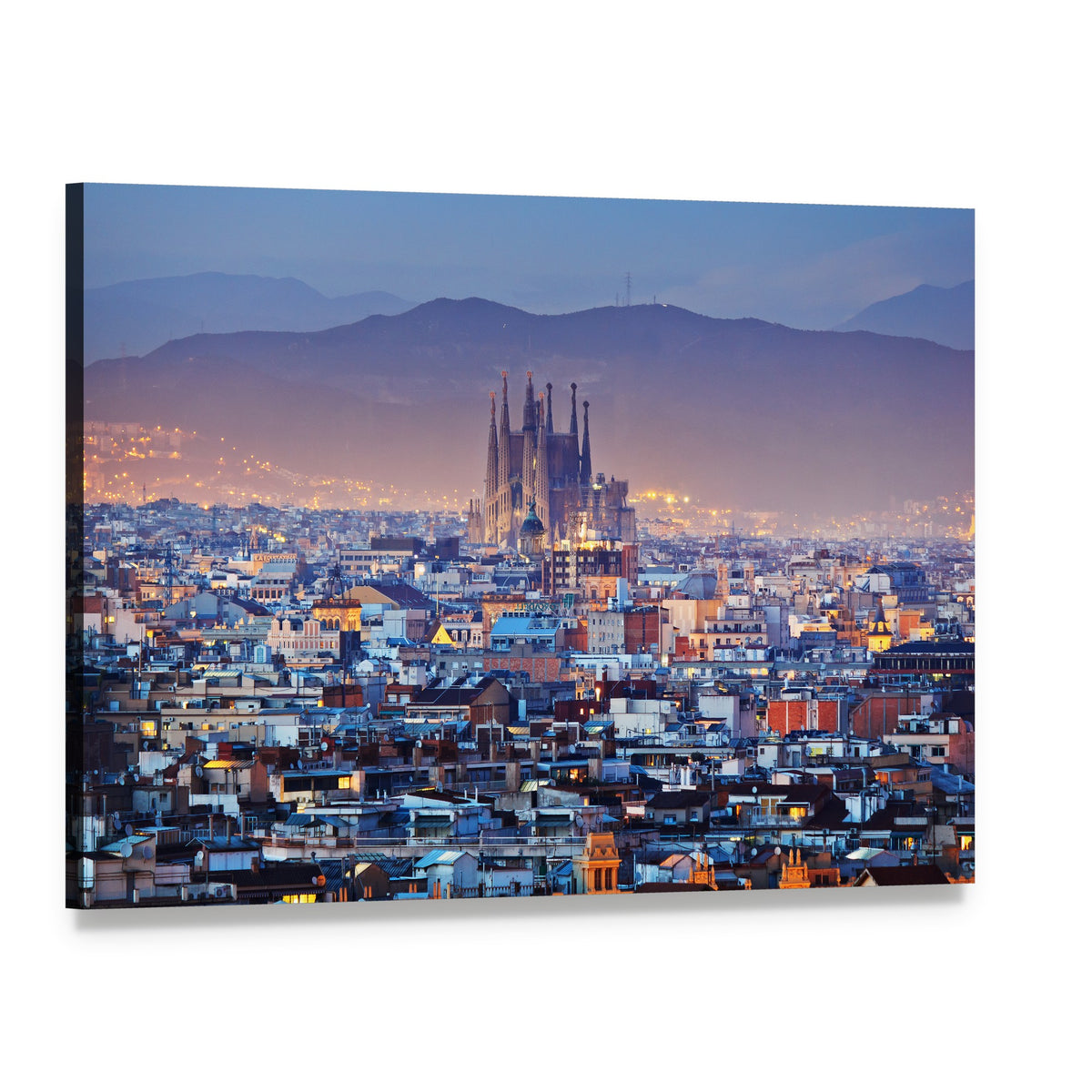 Barcelona Skyline at Twilight Canvas Wall Art, single panel gallery wrapped canvas, angled product view