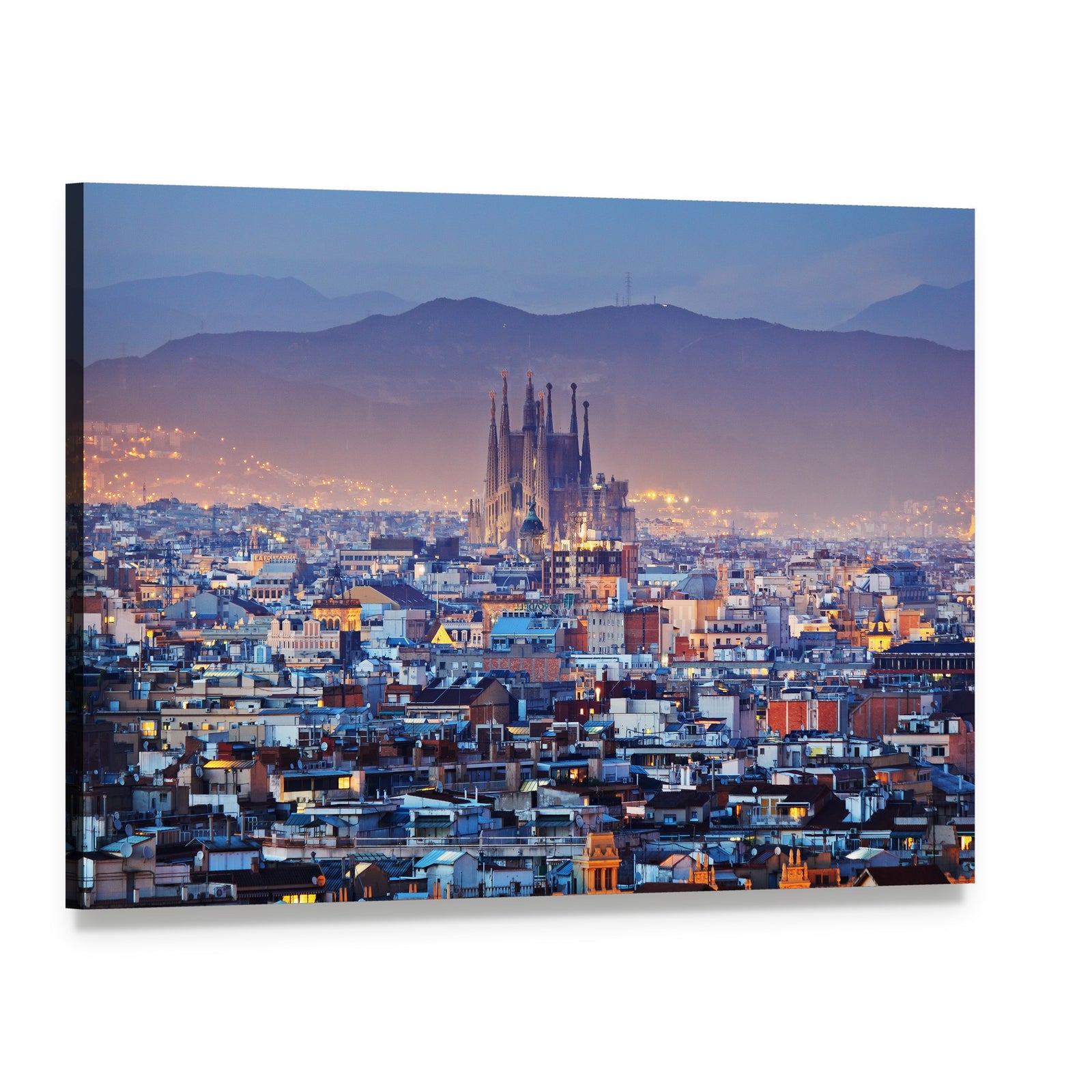 Barcelona Skyline at Twilight Canvas Wall Art, single panel gallery wrapped canvas, angled product view