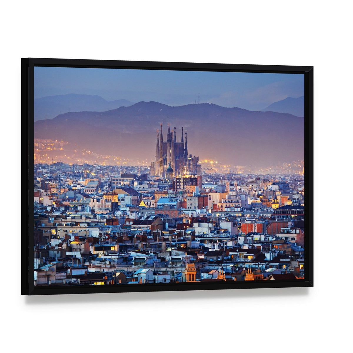 Barcelona Skyline at Twilight Canvas Wall Art, framed canvas in a black floater frame, angled product view