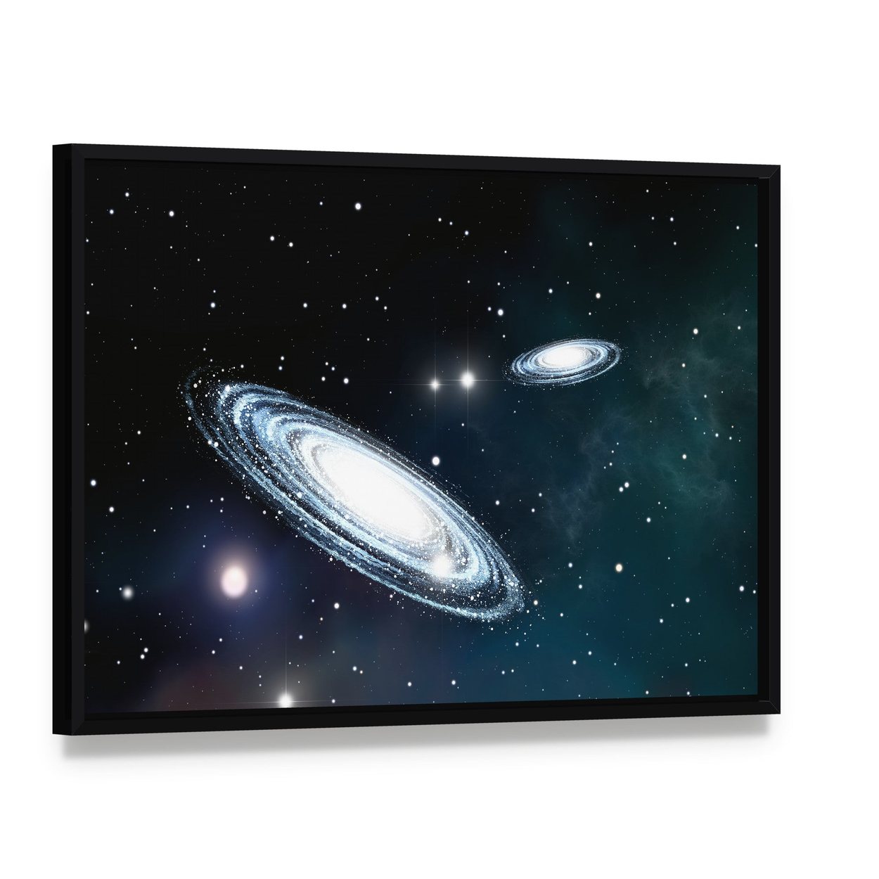 View of the Galaxy Through the Nebulae Canvas Wall Art, framed canvas in a black floater frame, angled product view