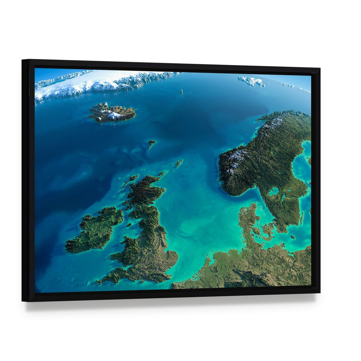 Satellite View of Denmark Canvas Wall Art, framed canvas in a black floater frame, angled product view