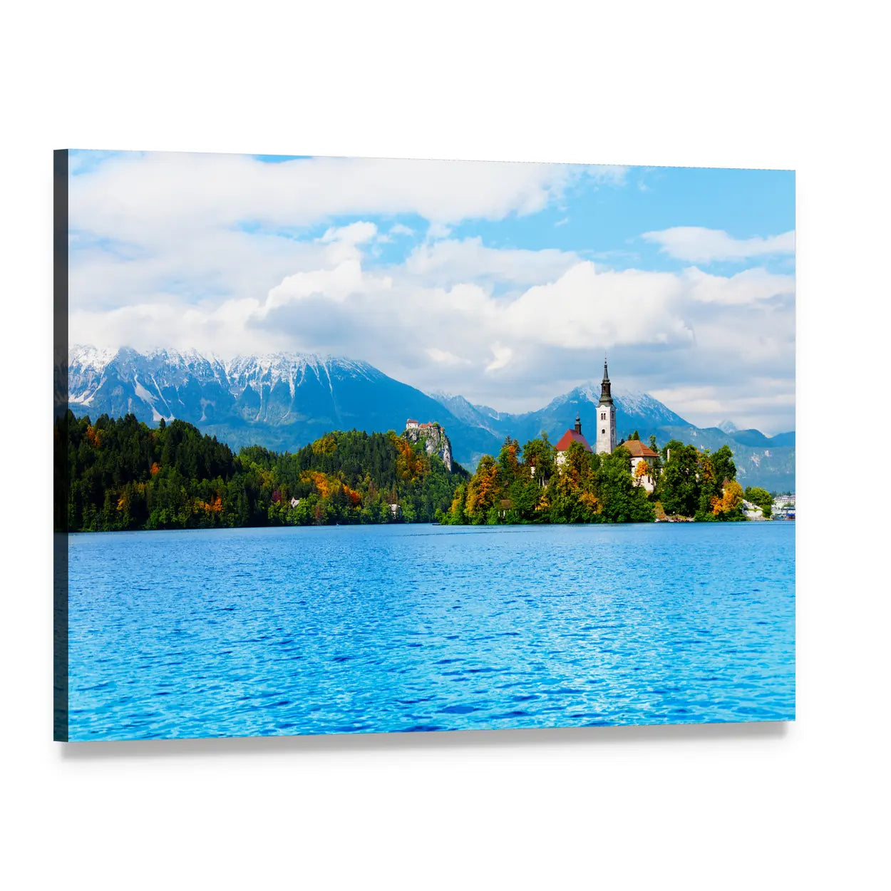 Island Church on Bled Lake Canvas Wall Art, single panel gallery wrapped canvas, angled product view