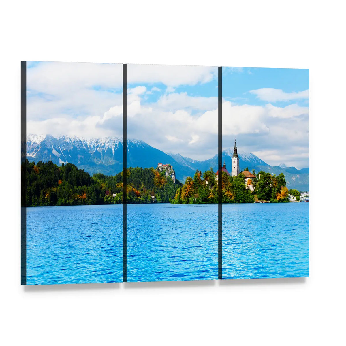 Island Church on Bled Lake Canvas Wall Art, 3 panel 3 Horizontal layout gallery wrapped canvas set, angled product view