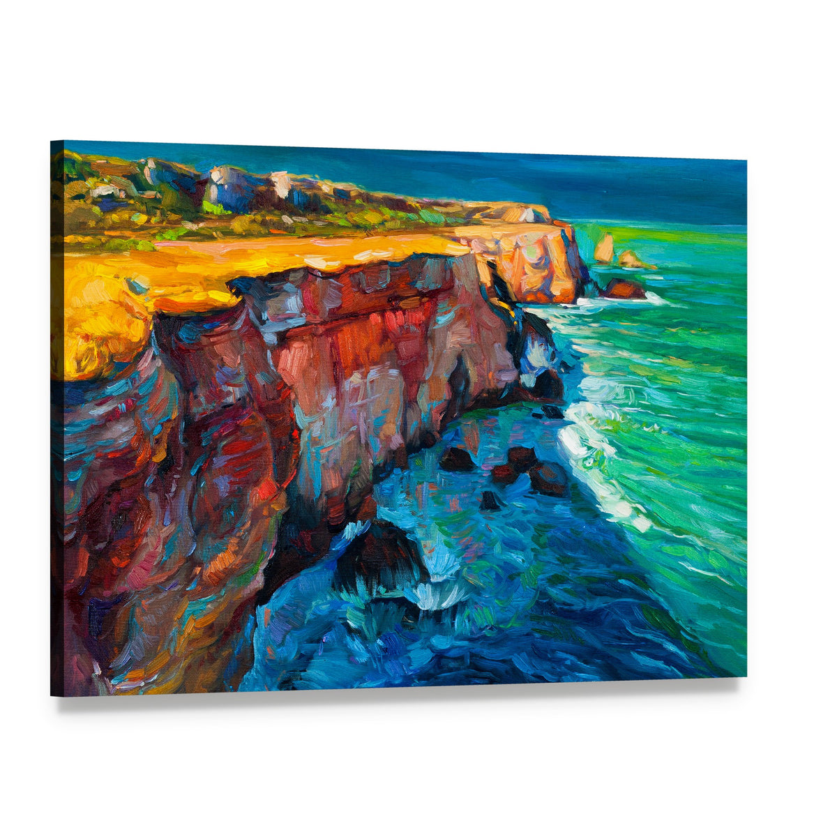 Watercolor Sketch of Cliffs and Ocean Canvas Wall Art, single panel gallery wrapped canvas, angled product view