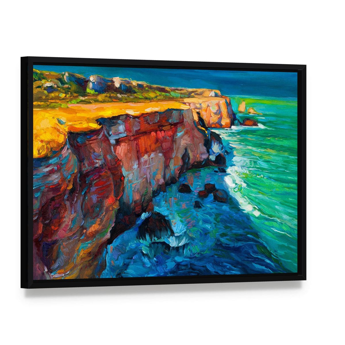 Watercolor Sketch of Cliffs and Ocean Canvas Wall Art, framed canvas in a black floater frame, angled product view