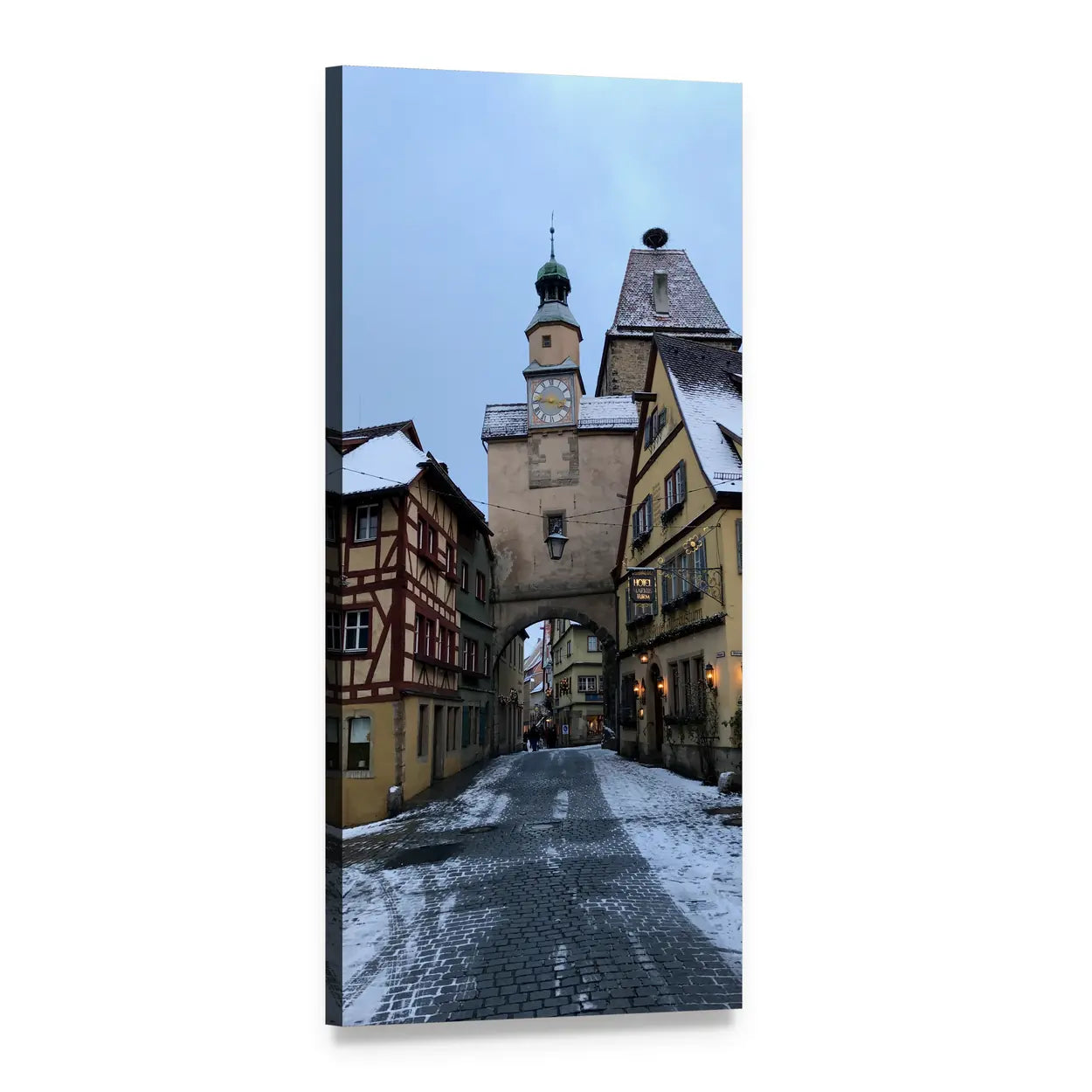 Winter Street in a Small German Town Vertical Canvas Wall Art, 1 panel 1 Vertical layout gallery wrapped canvas set, angled product view