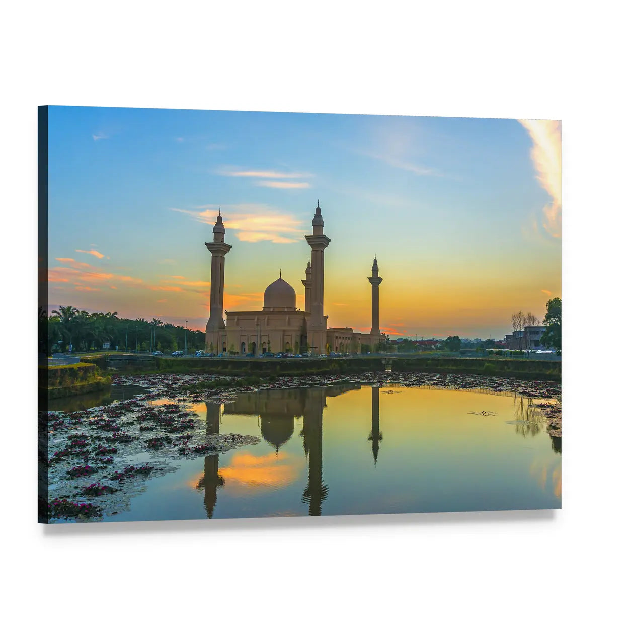Mosque Reflection on Lake Canvas Wall Art, single panel gallery wrapped canvas, angled product view