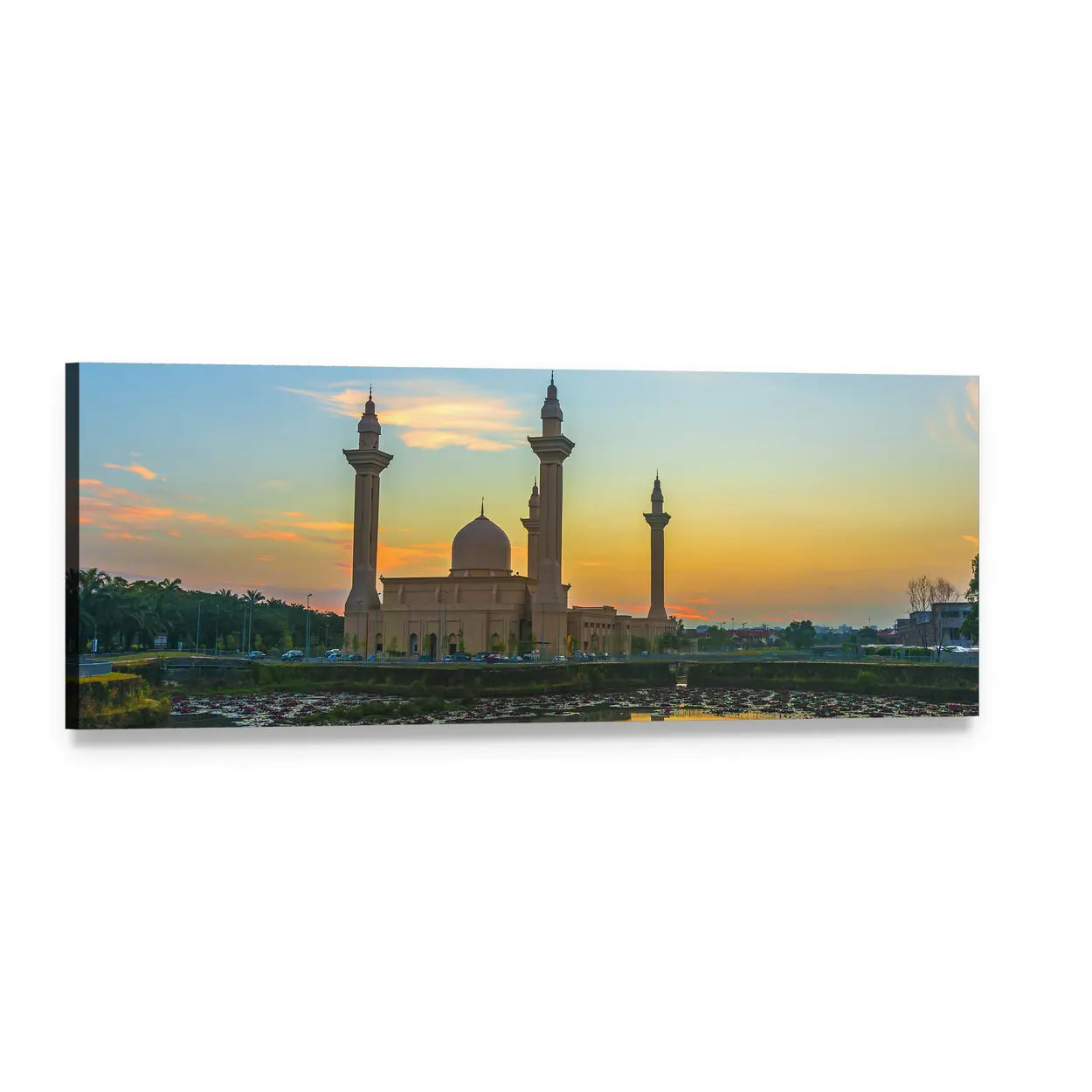 Mosque Reflection at Sunset Panoramic Canvas Wall Art, single panel gallery wrapped canvas, angled product view