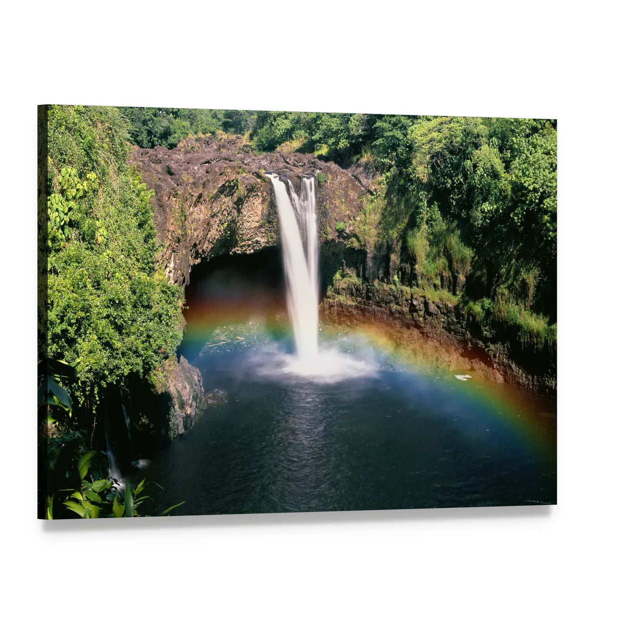Hawaii Rainbow Falls Canvas Wall Art, single panel gallery wrapped canvas, angled product view