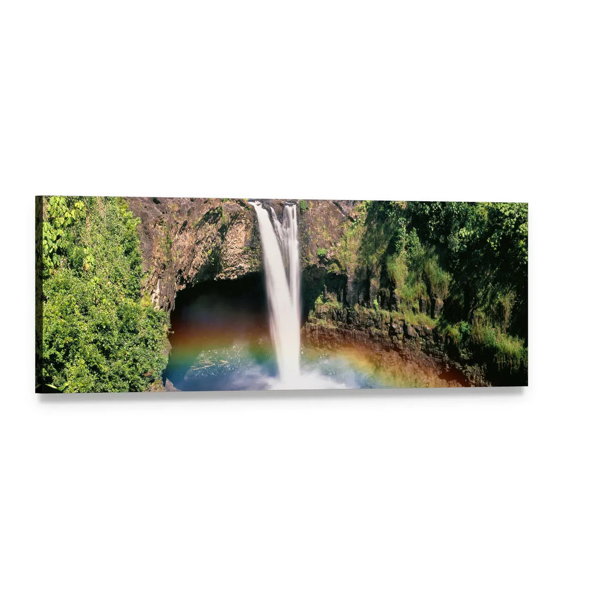 Hawaii Rainbow Falls Lush Waterfall Scene Panoramic Canvas Wall Art, single panel gallery wrapped canvas, angled product view