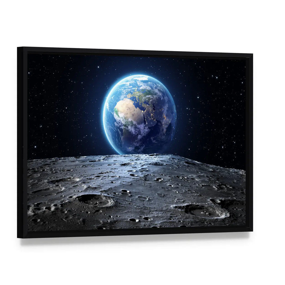 Earth from Moon Surface Canvas Wall Art, framed canvas in a black floater frame, angled product view