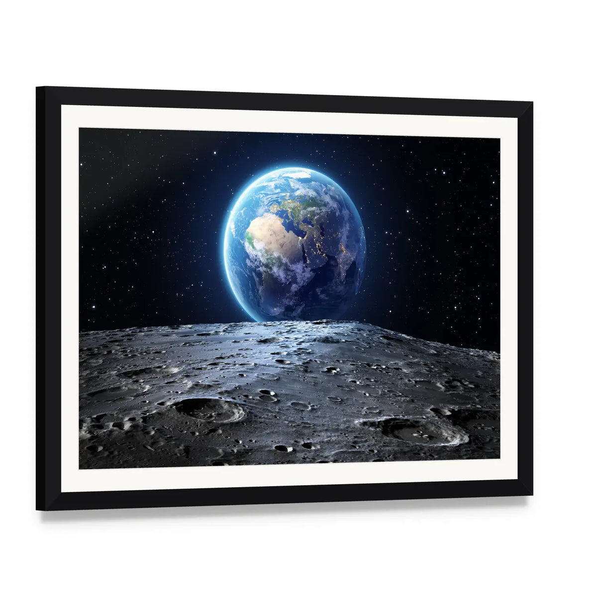Earth from Moon Surface Canvas Wall Art, framed print with white mat and black frame, angled product view