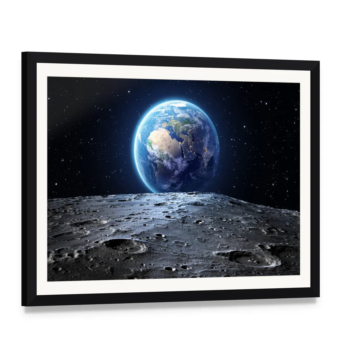 Earth from Moon Surface Canvas Wall Art, framed print with white mat and black frame, angled product view