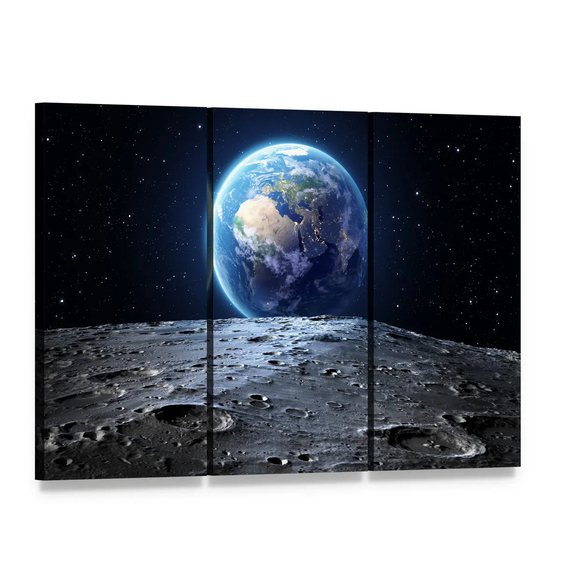 Earth from Moon Surface Canvas Wall Art, 3 panel 3 Horizontal layout gallery wrapped canvas set, angled product view