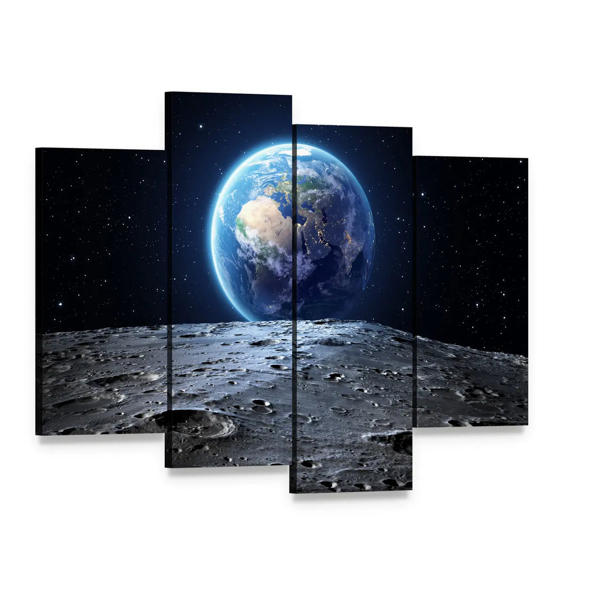 Earth from Moon Surface Canvas Wall Art, 4 panel 4 Pop layout gallery wrapped canvas set, angled product view