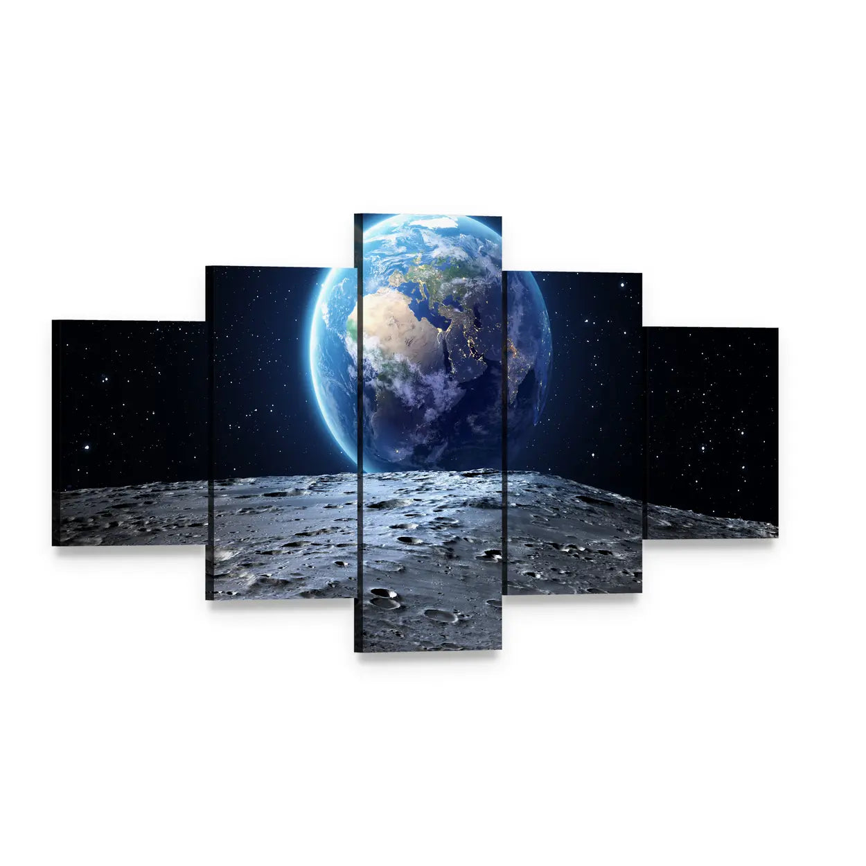 Earth from Moon Surface Canvas Wall Art, 5 panel 5 Star layout gallery wrapped canvas set, angled product view