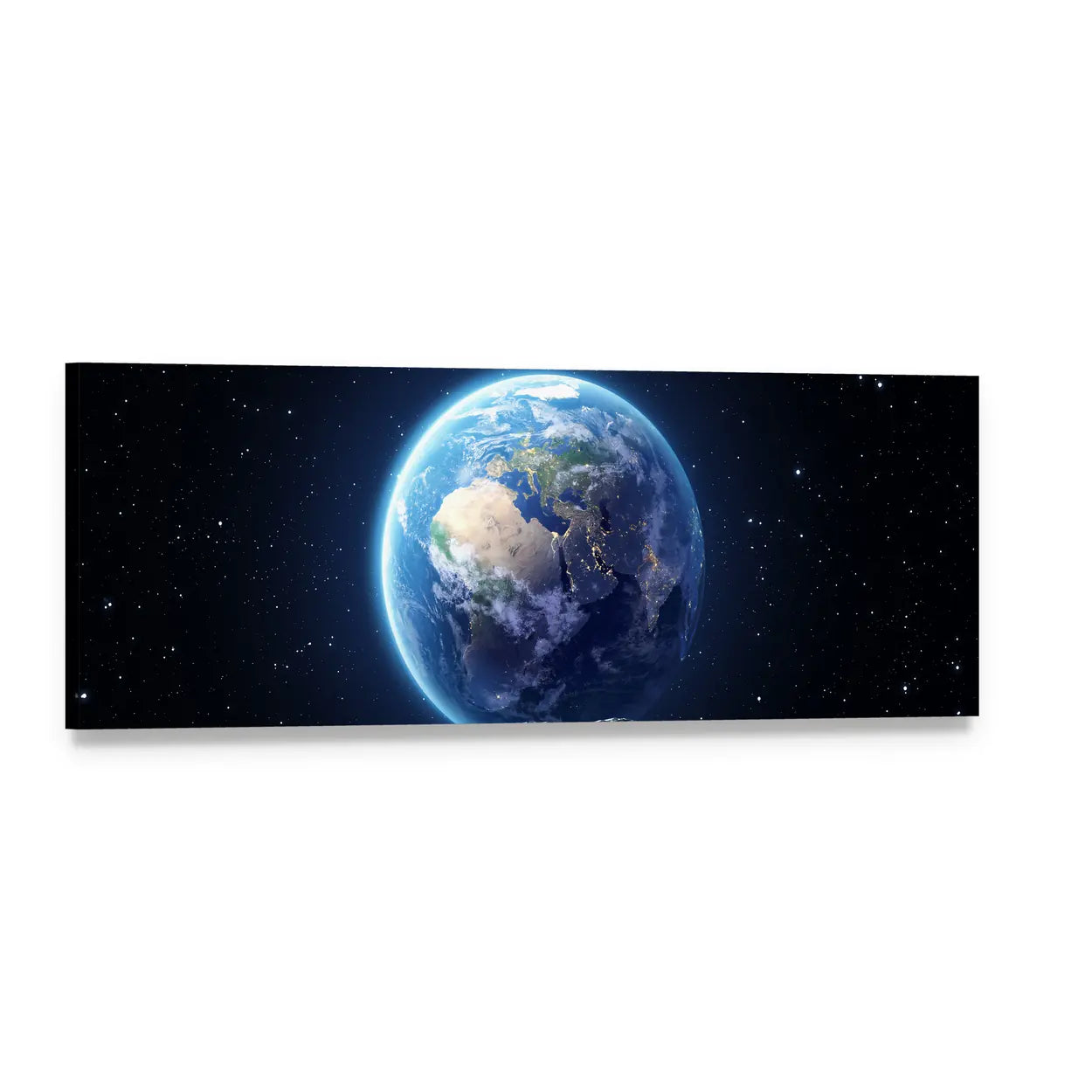 Earth Seen from the Moon Panoramic Canvas Wall Art, single panel gallery wrapped canvas, angled product view