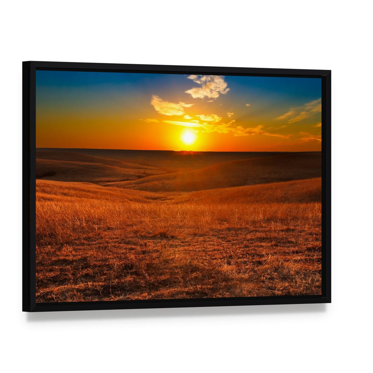 Sunset Over Flint Hills, Kansas Canvas Wall Art, framed canvas in a black floater frame, angled product view