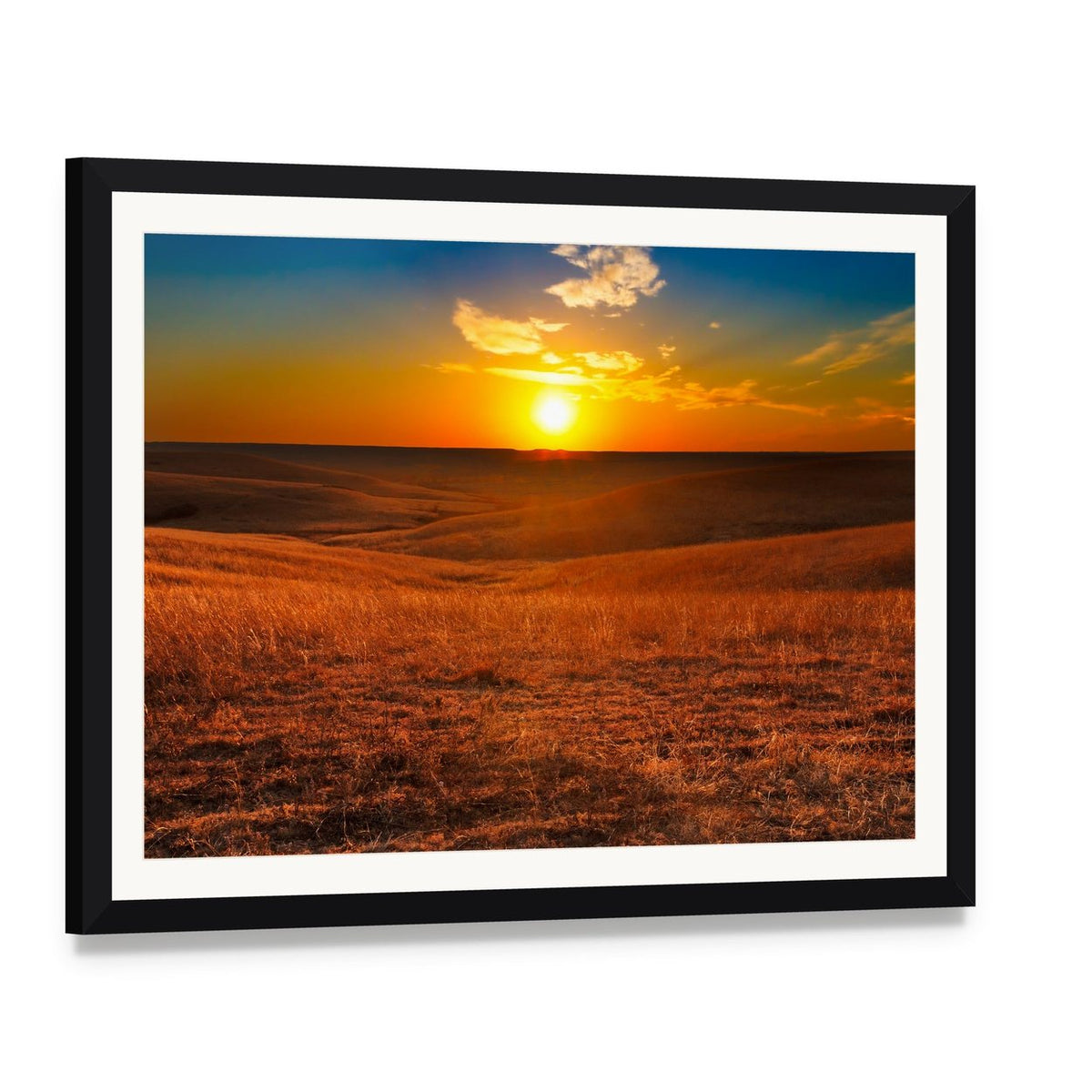 Sunset Over Flint Hills, Kansas Canvas Wall Art, framed print with white mat and black frame, angled product view