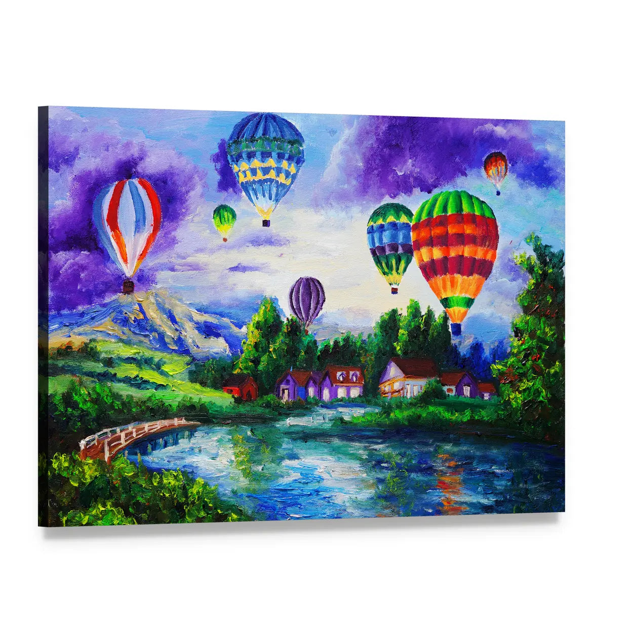Hot Air Balloons Over River Village Canvas Wall Art, single panel gallery wrapped canvas, angled product view