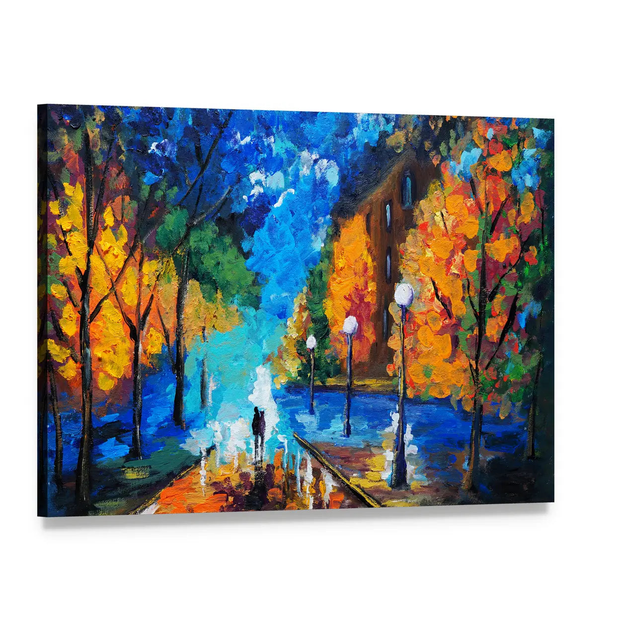 Autumn Couple Under Glowing Streetlights Canvas Wall Art, single panel gallery wrapped canvas, angled product view